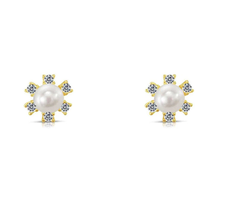 10k Yellow Gold Flower Freshwater Pearl Stud Earrings