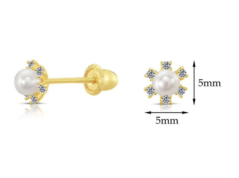 10k Yellow Gold Flower Freshwater Pearl Stud Earrings