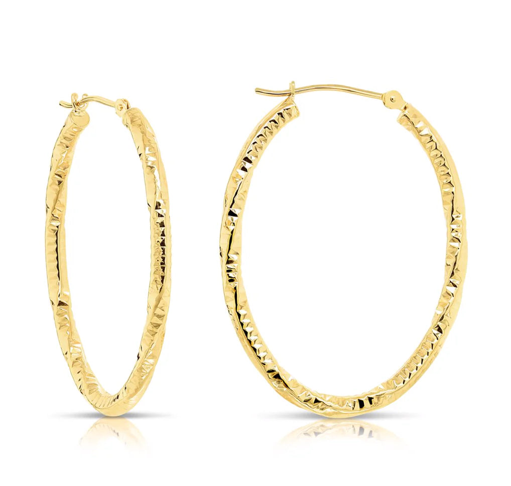14k Yellow Gold Oval Hoop Earrings with Twisted Diamond Cut Design