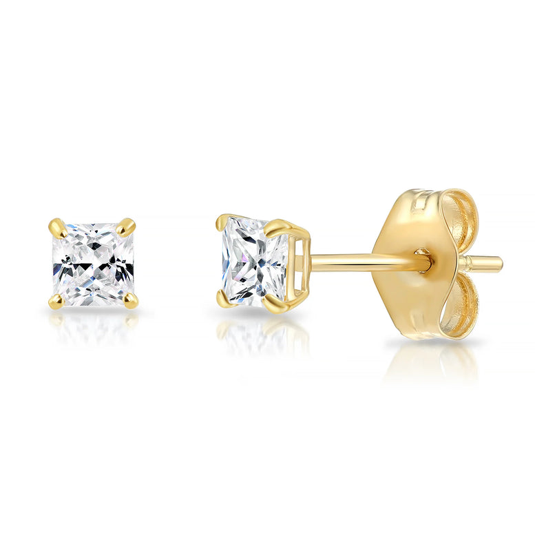 14k Yellow Gold Square CZ Stud Earrings - Pushback