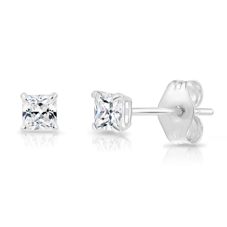 14k White Gold Square CZ Stud Earrings - Pushback