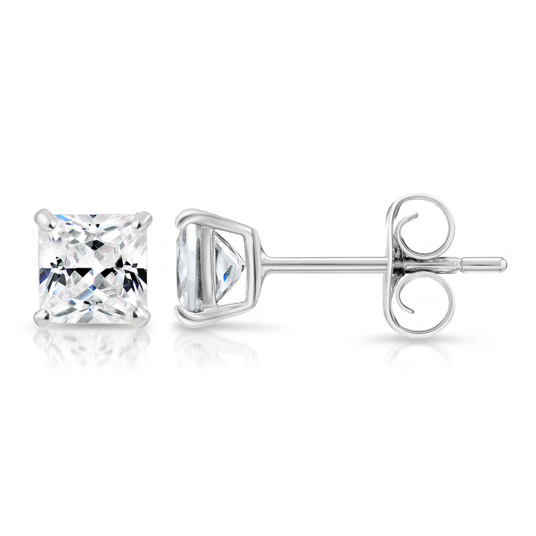 14k White Gold Square CZ Stud Earrings - Pushback