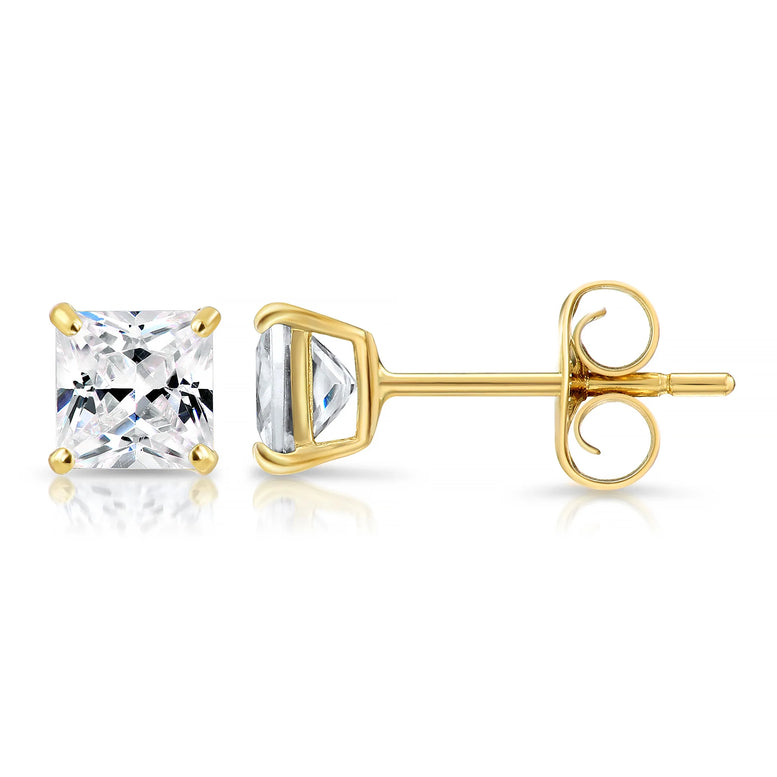 14k Yellow Gold Square CZ Stud Earrings - Pushback