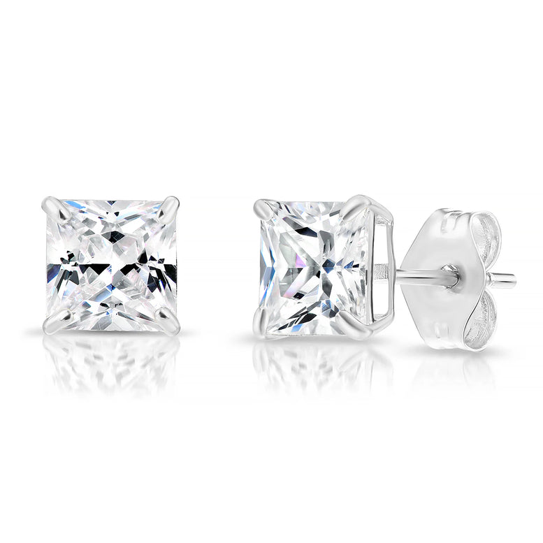 14k White Gold Square CZ Stud Earrings - Pushback