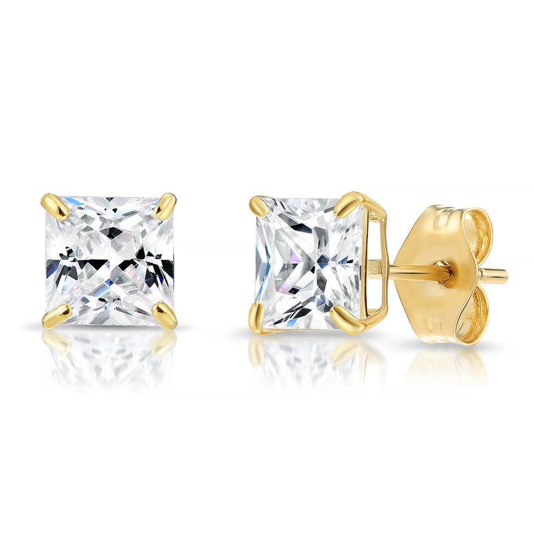 14k Yellow Gold Square CZ Stud Earrings - Pushback