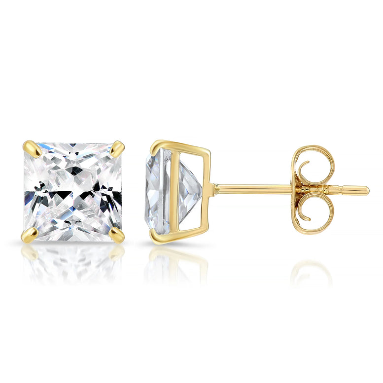 14k Yellow Gold Square CZ Stud Earrings - Pushback