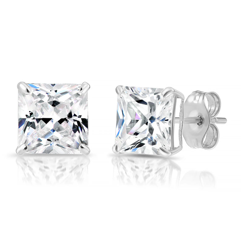 14k White Gold Square CZ Stud Earrings - Pushback