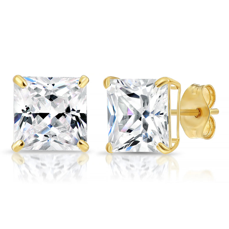14k Yellow Gold Square CZ Stud Earrings - Pushback