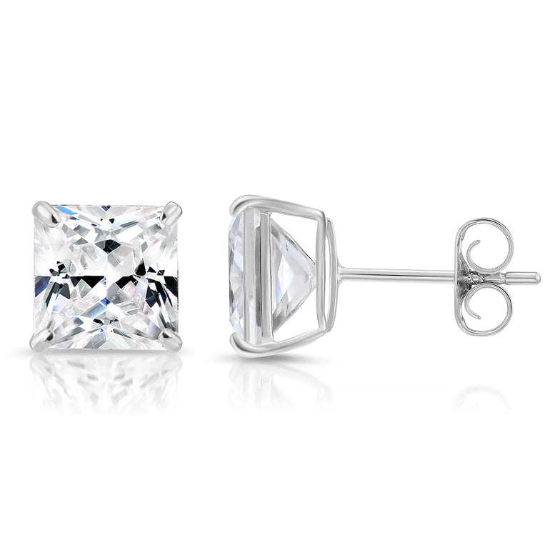 14k White Gold Square CZ Stud Earrings - Pushback