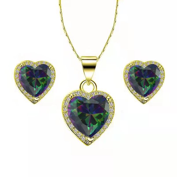 Paris Jewelry 24k Yellow Gold Heart 3 Ct Created Alexandrite CZ Full Set Necklace 18 inch Plated