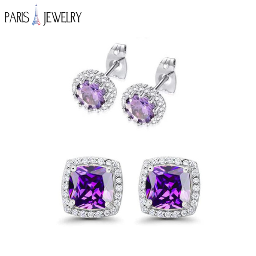 Paris Jewelry 18K White Gold Created Amethyst 2 Carat Round and Princess Stud Earrings Plated