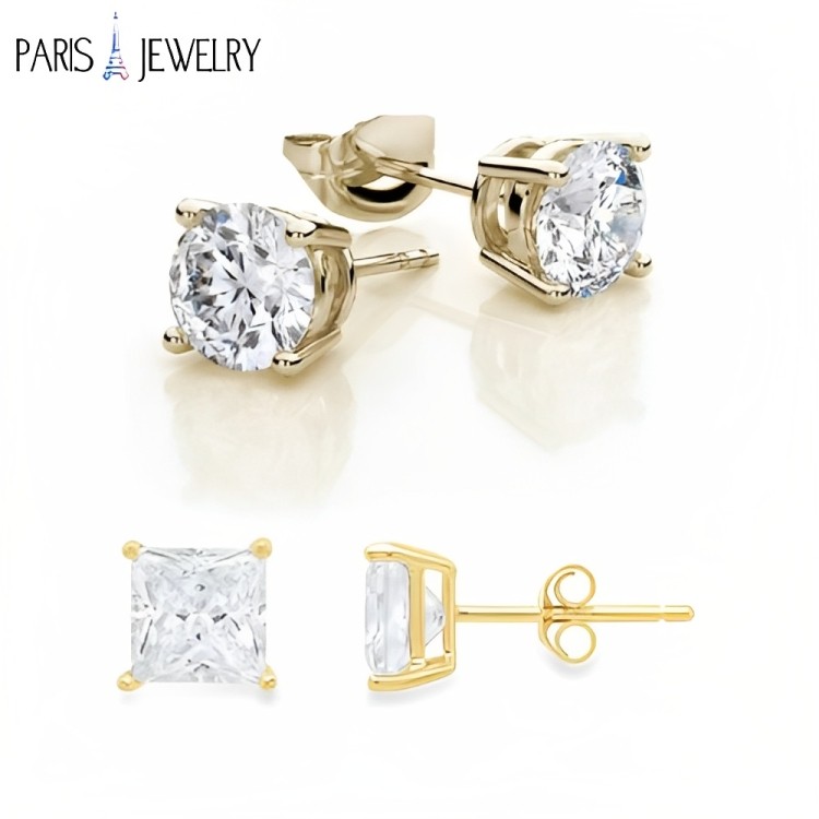 Paris Jewelry 18K Yellow Gold Created White Sapphire 2 Carat Round and Princess Stud Earrings Plated