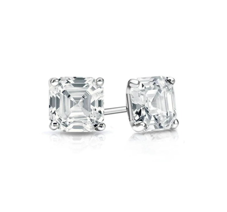 Paris Jewelry 14k White Gold Plated 6mm 2Ct Ascher Cut White Sapphire Stud Earrings
