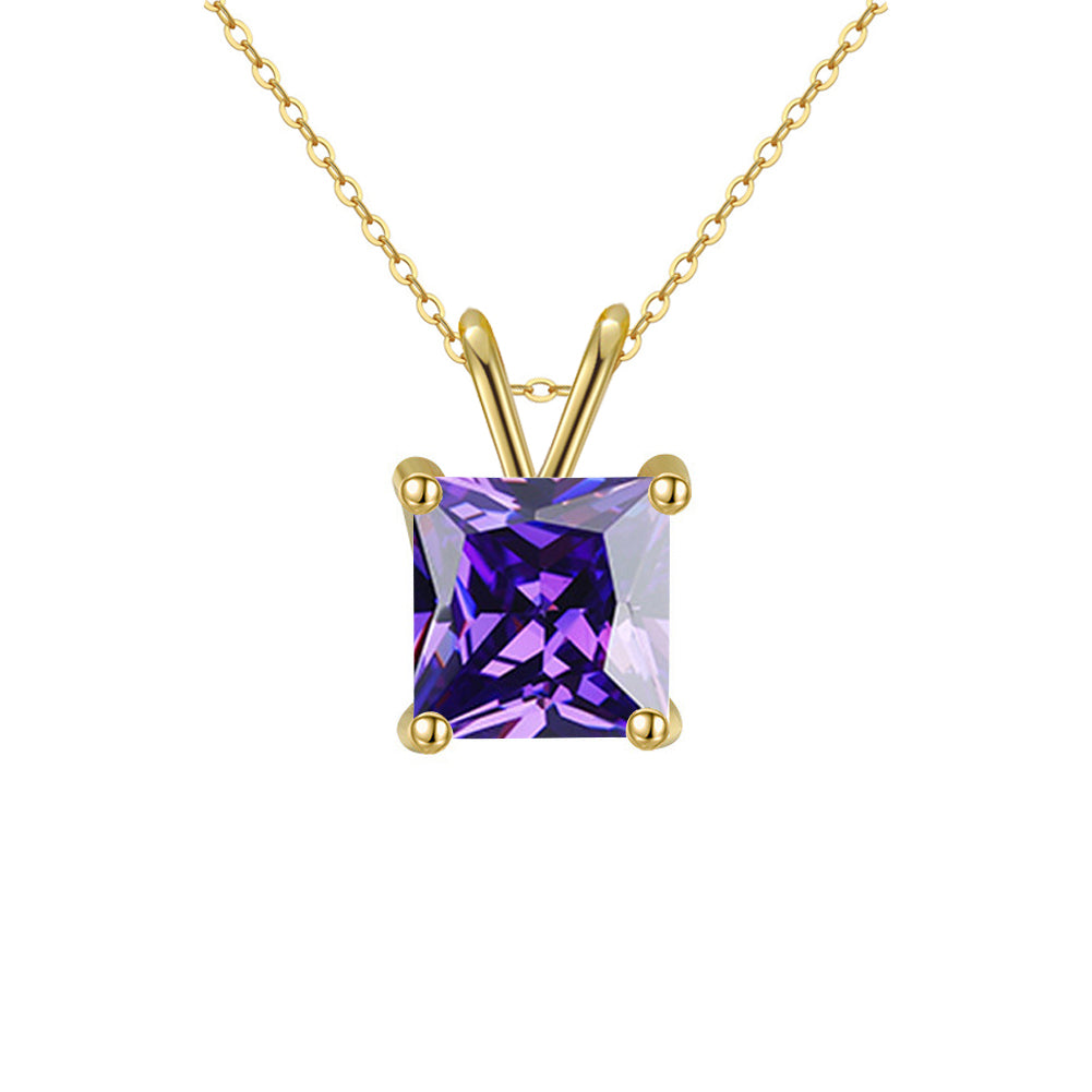 18K Yellow Gold 2 Carat Created Amethyst Princess Stud Necklace Plated 18 inch