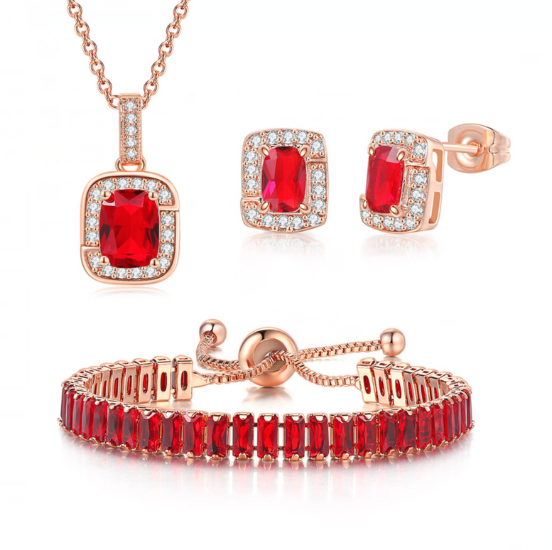 18K Rose Gold Created Ruby Princess Halo Pendant Necklace, Earrings and Tennis Bracelet Jewelry Set Plated