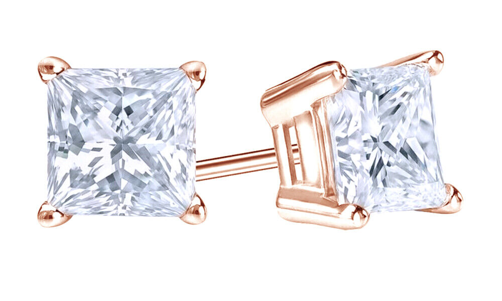 18k Rose Gold 1/4 ct White Sapphire Princess Stud Earrings 4mm Plated