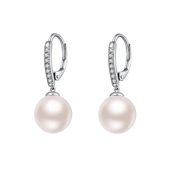 18K White Gold Freshwater Lever back White Pearl 8mm with Created Sapphire Earrings Plated