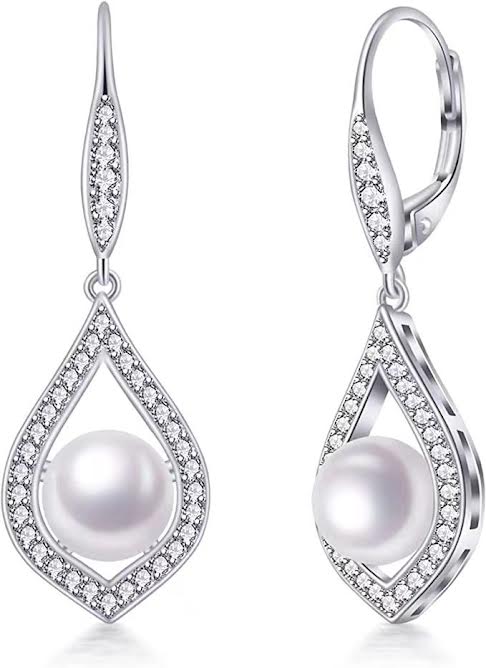 18K White Gold Freshwater Lever back Teardrop White Pearl 8mm with Created Sapphire Earrings Plated