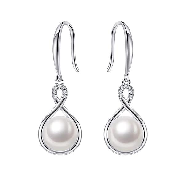18K White Gold Freshwater Pearl 8mm with Created Sapphire Dangling Infinity Earrings Plated