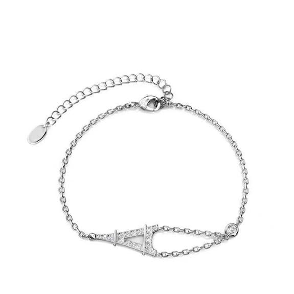 18K White Gold Eiffel Tower Adjustable Bracelet with 5Cttw Created White Sapphire Plated