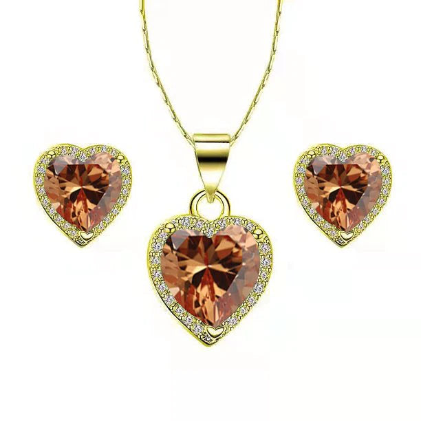 Paris Jewelry 18k Yellow Gold Plated Heart 4 Carat Created Tourmaline Full Set Necklace, Earrings 18 Inch