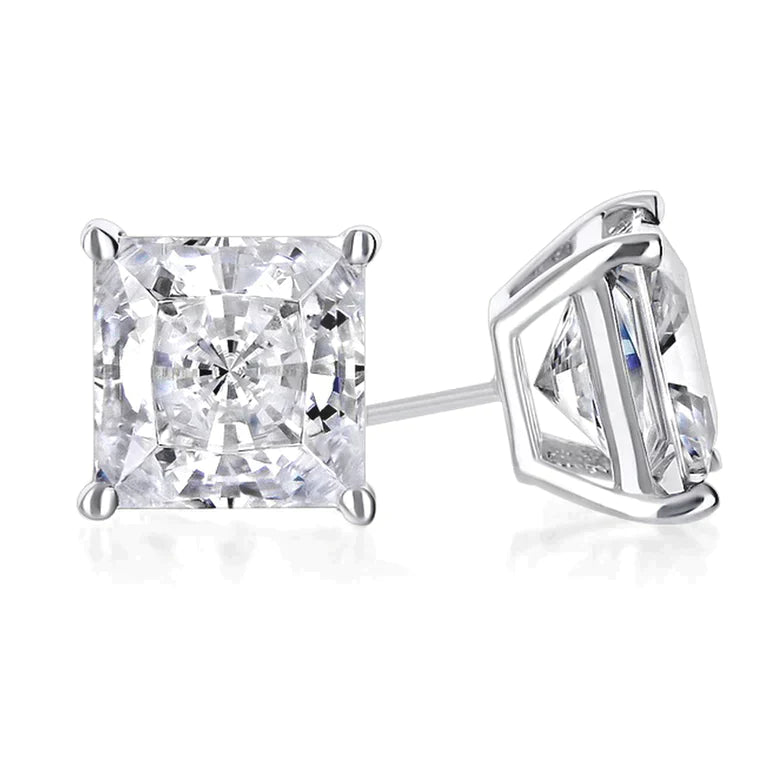 14K White Solid Gold Created White Diamond Princess Stud Earrings 4mm