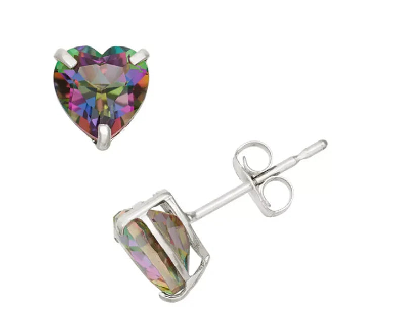 14k White Gold Plated Heart Created Mystic Stud Earrings 6mm