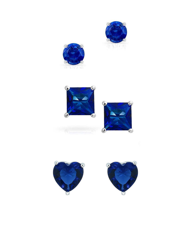 Paris Jewelry 18k White Gold Created Blue Sapphire 3 Pair Round, Square and Heart Stud Earrings Plated 4mm