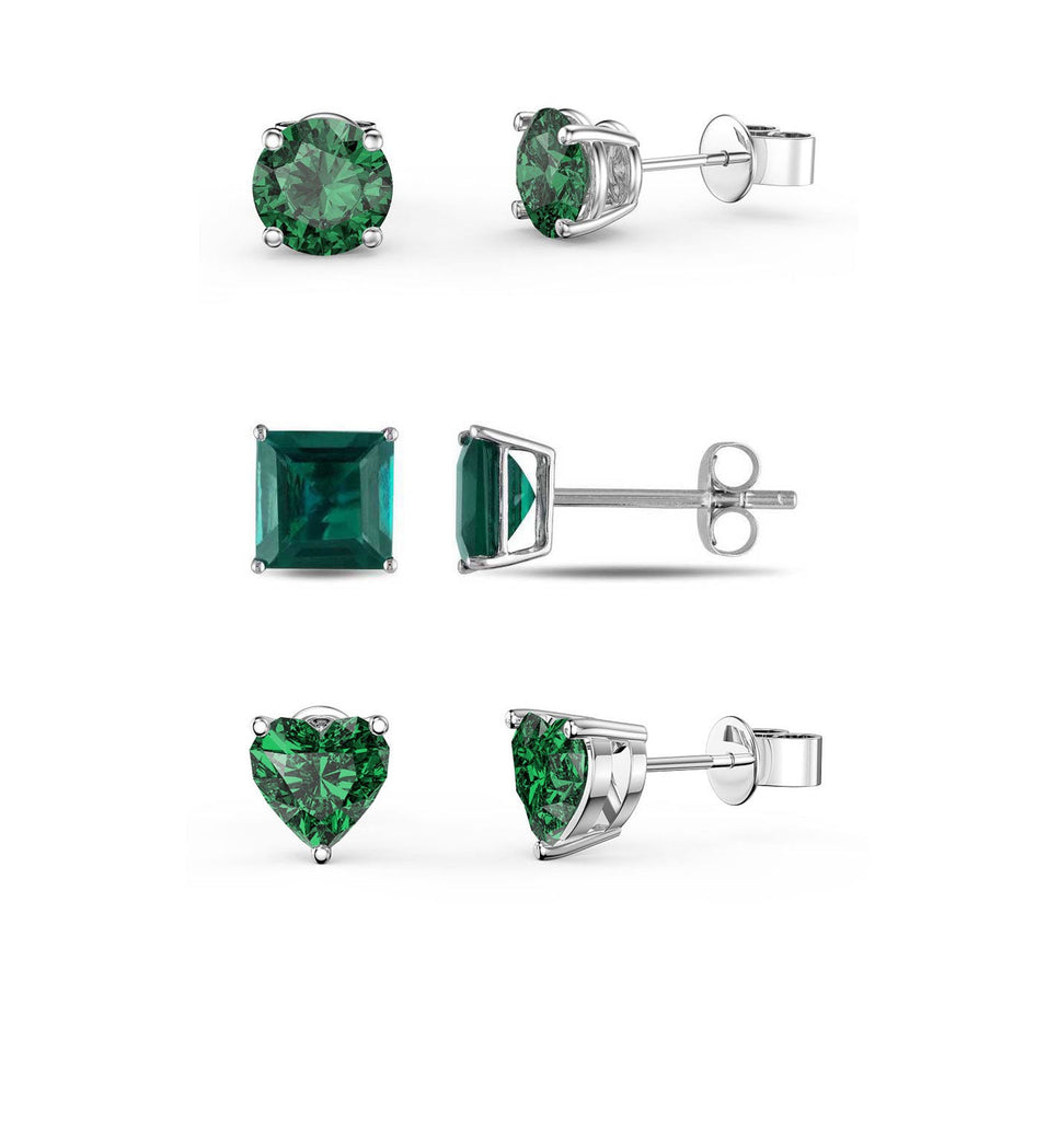 Paris Jewelry 18k White Gold Created Emerald 3 Pair Round, Square And Heart Stud Earrings Plated 4mm