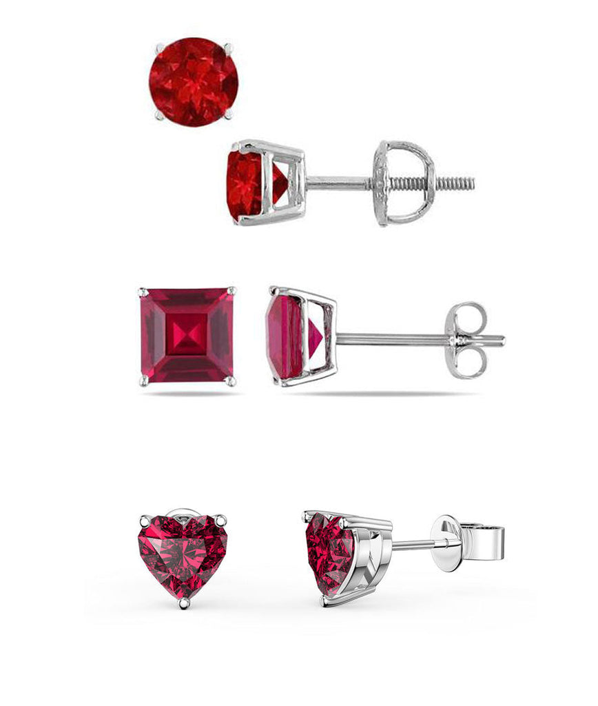 Paris Jewelry 18k White Gold Created Ruby 3 Pair Round, Square And Heart Stud Earrings Plated 4mm