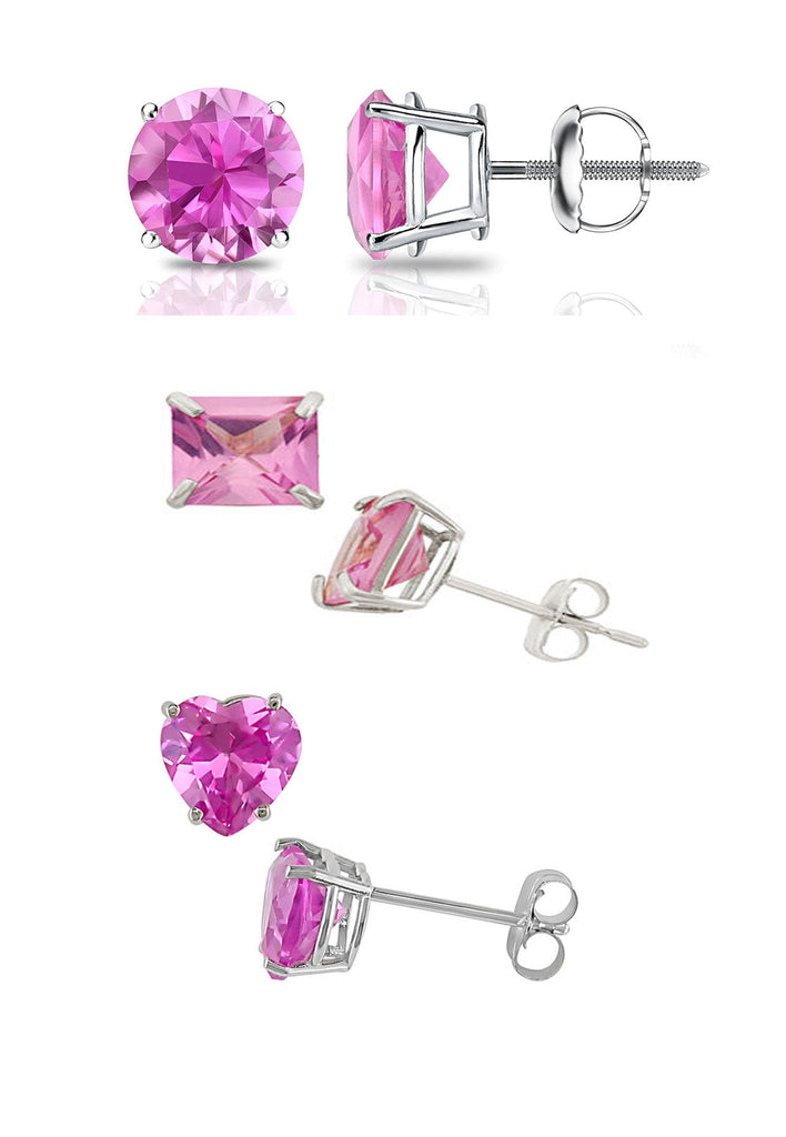 Paris Jewelry 18k White Gold Created Pink Sapphire 3 Pair Round, Square And Heart Stud Earrings Plated 4mm