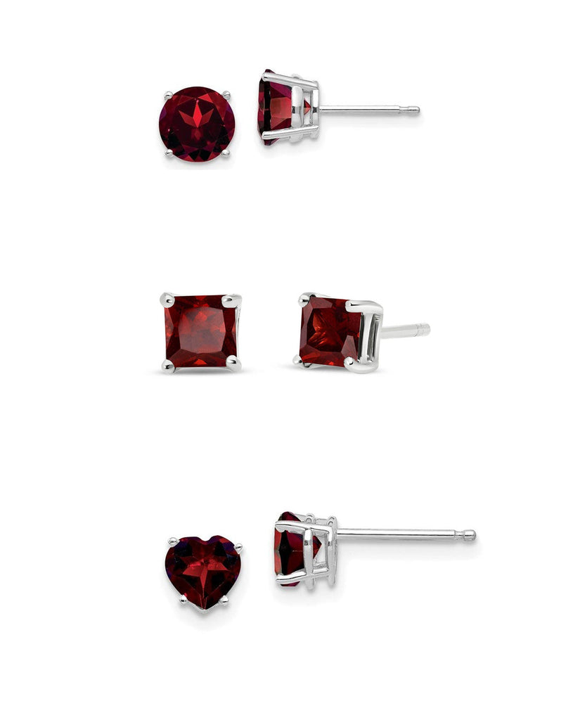 Paris Jewelry 18k White Gold Created Garnet 3 Pair Round, Square And Heart Stud Earrings Plated 4mm