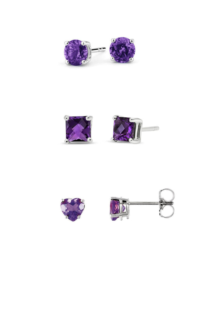 Paris Jewelry 18k White Gold Created Amethyst 3 Pair Round, Square And Heart Stud Earrings Plated 4mm