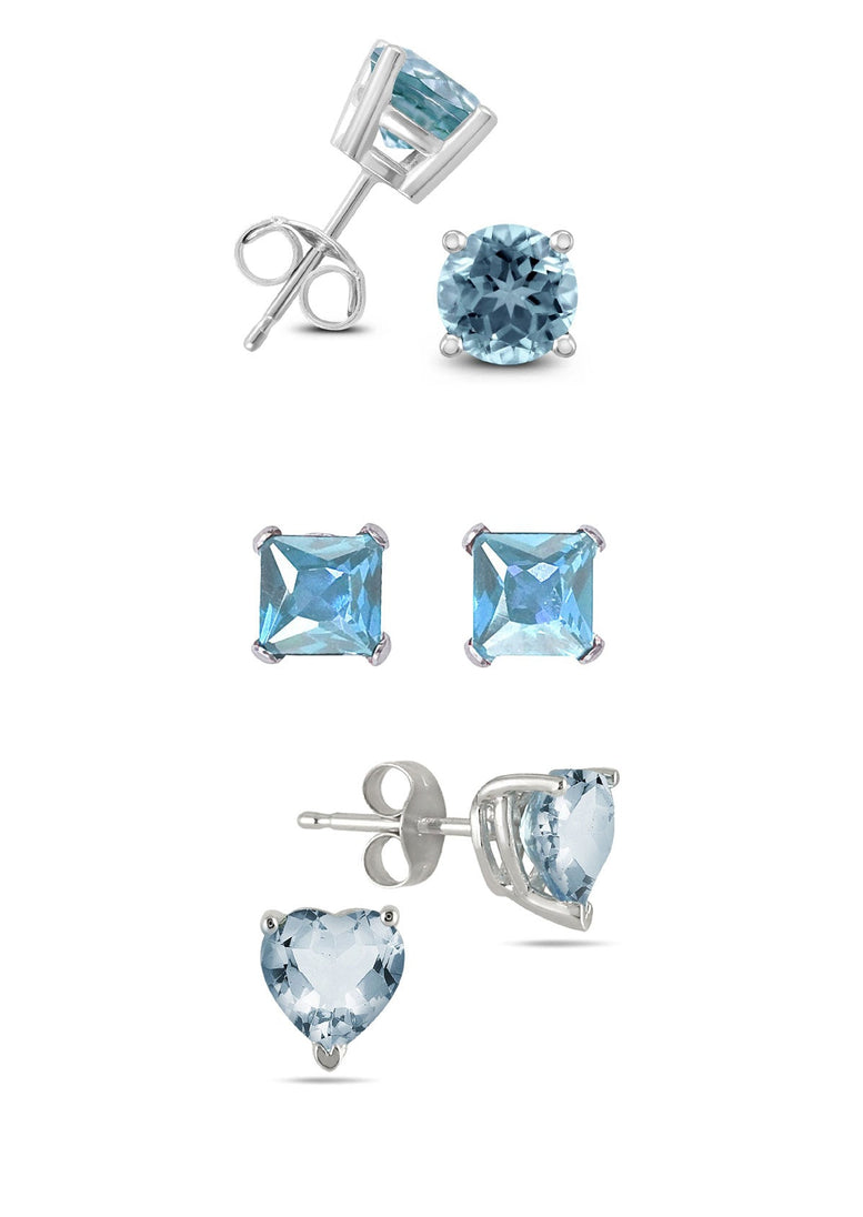 Paris Jewelry 18k White Gold Created Aquamarine 3 Pair Round, Square And Heart Stud Earrings Plated 4mm