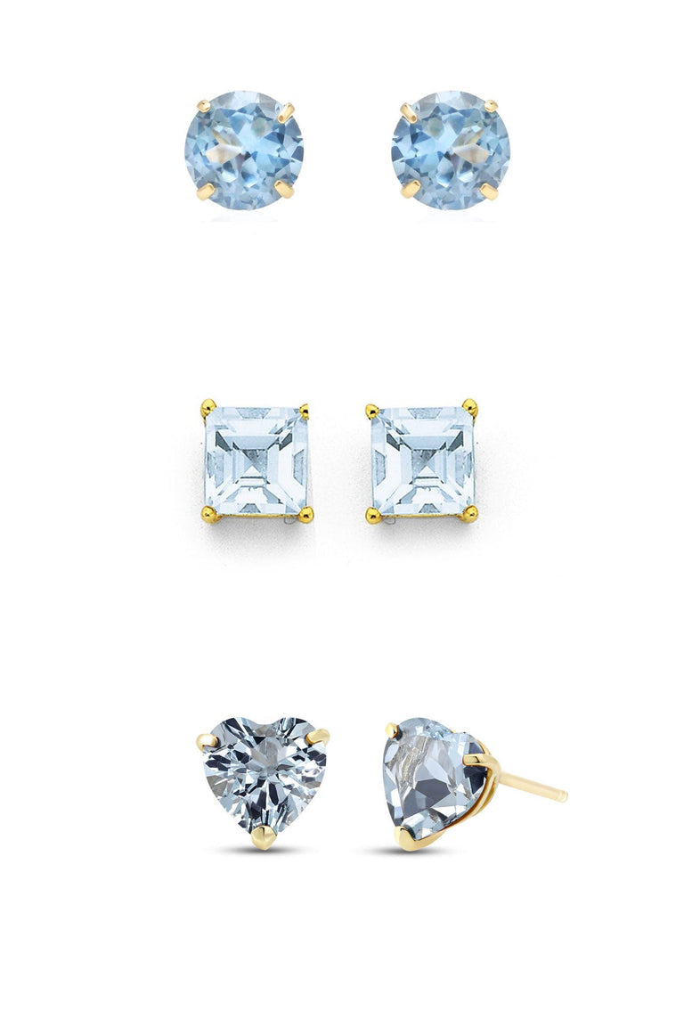 Paris Jewelry 18k Yellow Gold Created Aquamarine 3 Pair Round, Square And Heart Stud Earrings Plated 4mm