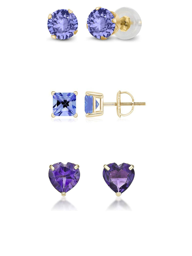 Paris Jewelry 18k Yellow Gold Created Tanzanite 3 Pair Round, Square and Heart Stud Earrings Plated 4mm