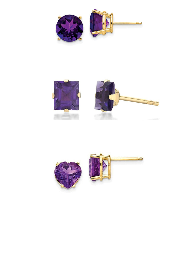 Paris Jewelry 18k Yellow Gold Created Amethyst 3 Pair Round, Square And Heart Stud Earrings Plated 4mm