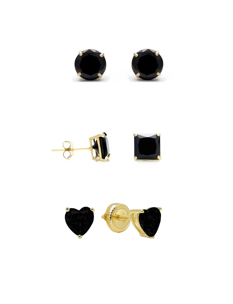 Paris Jewelry 18k Yellow Gold Plated Created Black Sapphire 3 Pair Round, Square And Heart Stud Earrings 4mm