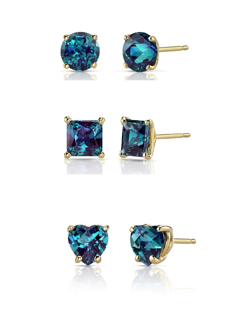Paris Jewelry 18k Yellow Gold Created Alexandrite 3 Pair Round, Square And Heart Stud Earrings Plated 4mm