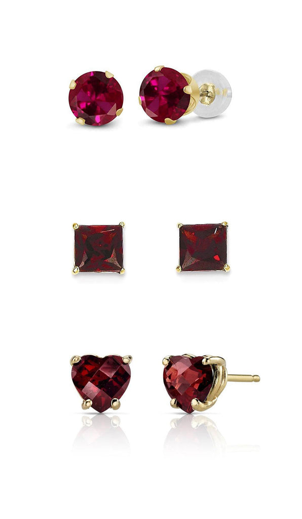 Paris Jewelry 18k Yellow Gold Created Garnet 3 Pair Round, Square And Heart Stud Earrings Plated 4mm