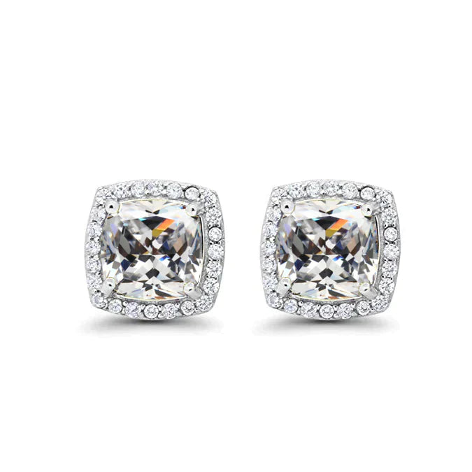 24k White Gold Plated 3 Ct Created Halo Princess Cut White Sapphire Stud Earrings