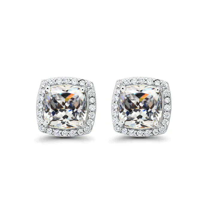 24k White Gold Plated 4 Ct Created Halo Princess Cut White Sapphire Stud Earrings