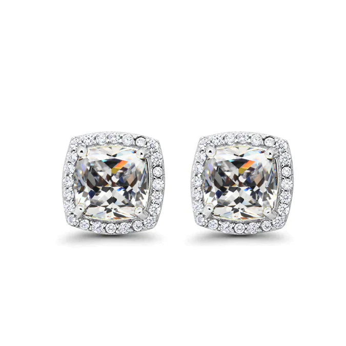 24k White Gold Plated 1 Ct Created Halo Princess Cut White Sapphire Stud Earrings