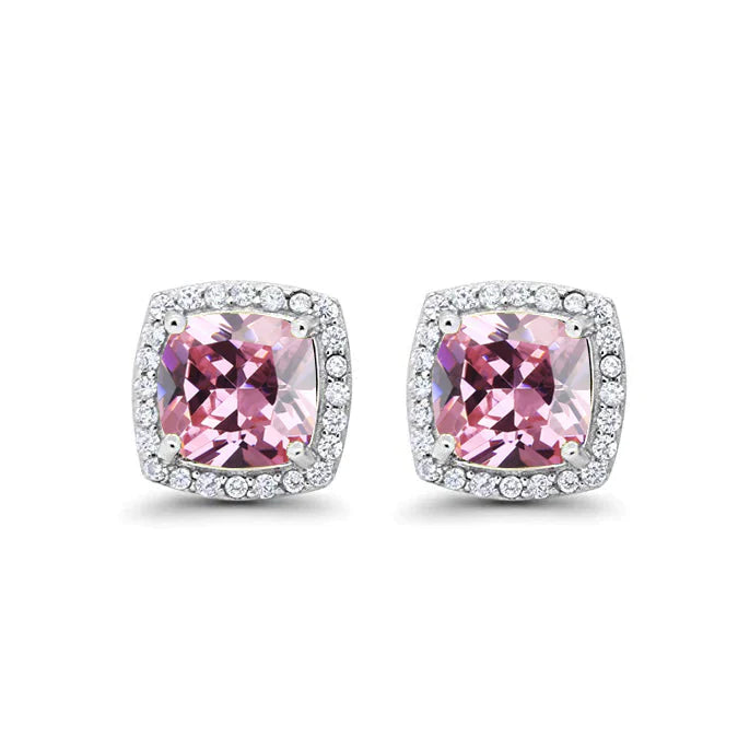 24k White Gold Plated 4 Ct Created Halo Princess Cut Pink Sapphire Stud Earrings