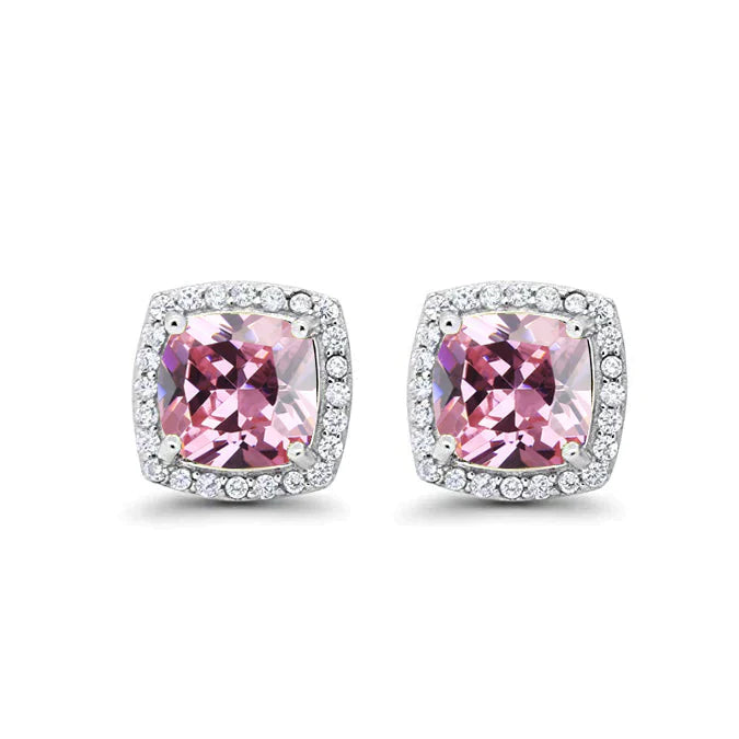 24k White Gold Plated 2 Ct Created Halo Princess Cut Pink Sapphire Stud Earrings