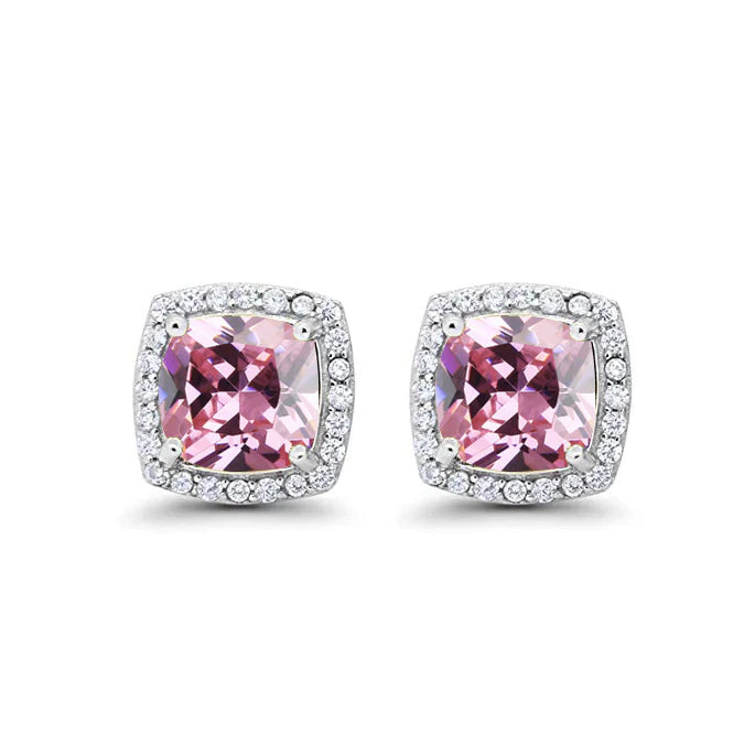24k White Gold Plated 3 Ct Created Halo Princess Cut Pink Sapphire Stud Earrings