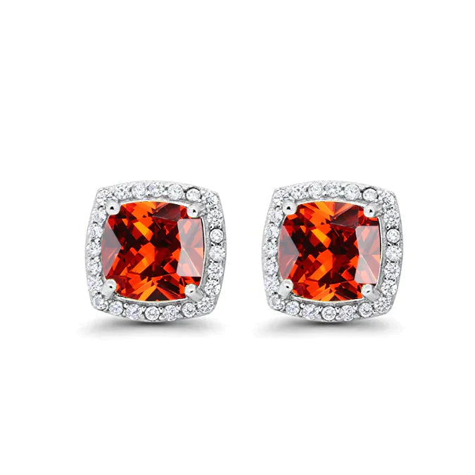 24k White Gold Plated 4 Ct Created Halo Princess Cut Ruby Stud Earrings