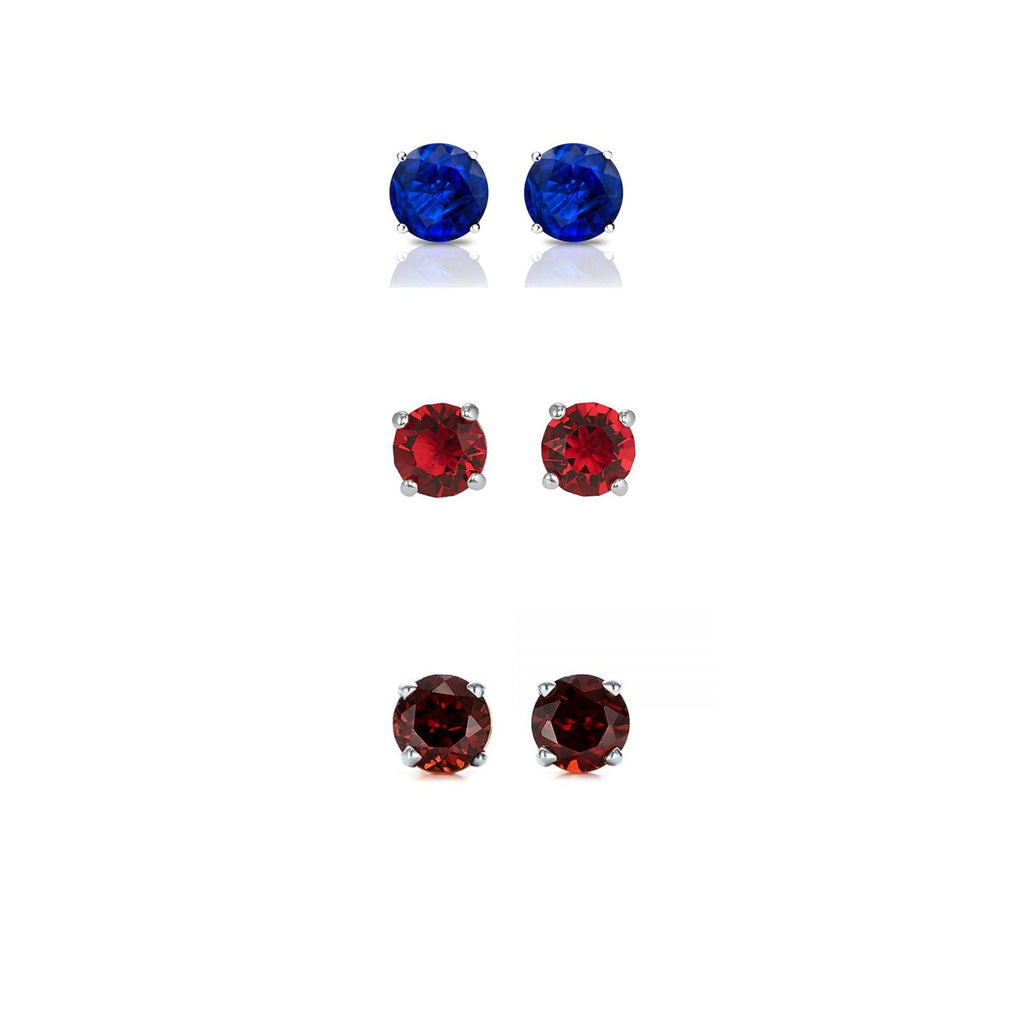 24k White Gold Plated 4Ct Created Blue Topaz, Ruby and Garnet 3 Pair Round Stud Earrings