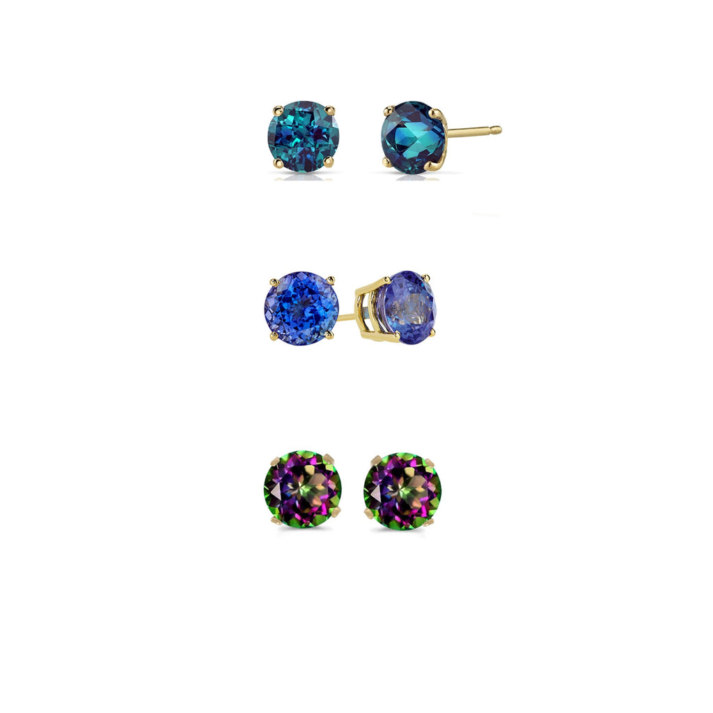 18k Yellow Gold Plated 2Ct Created Alexandrite, Tanzanite and Mystic Topaz 3 Pair Round Stud Earrings