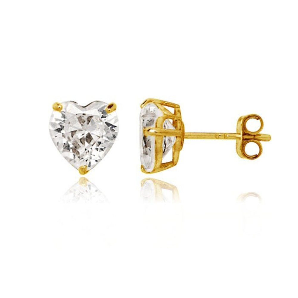 Paris Jewelry 14k Yellow Gold Push Back Heart Created White Sapphire Stud Earrings 3mm